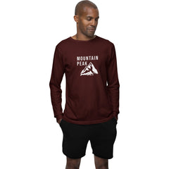 Man wearing a maroon long-sleeve shirt with 'Mountain Peak' logo on a white background
