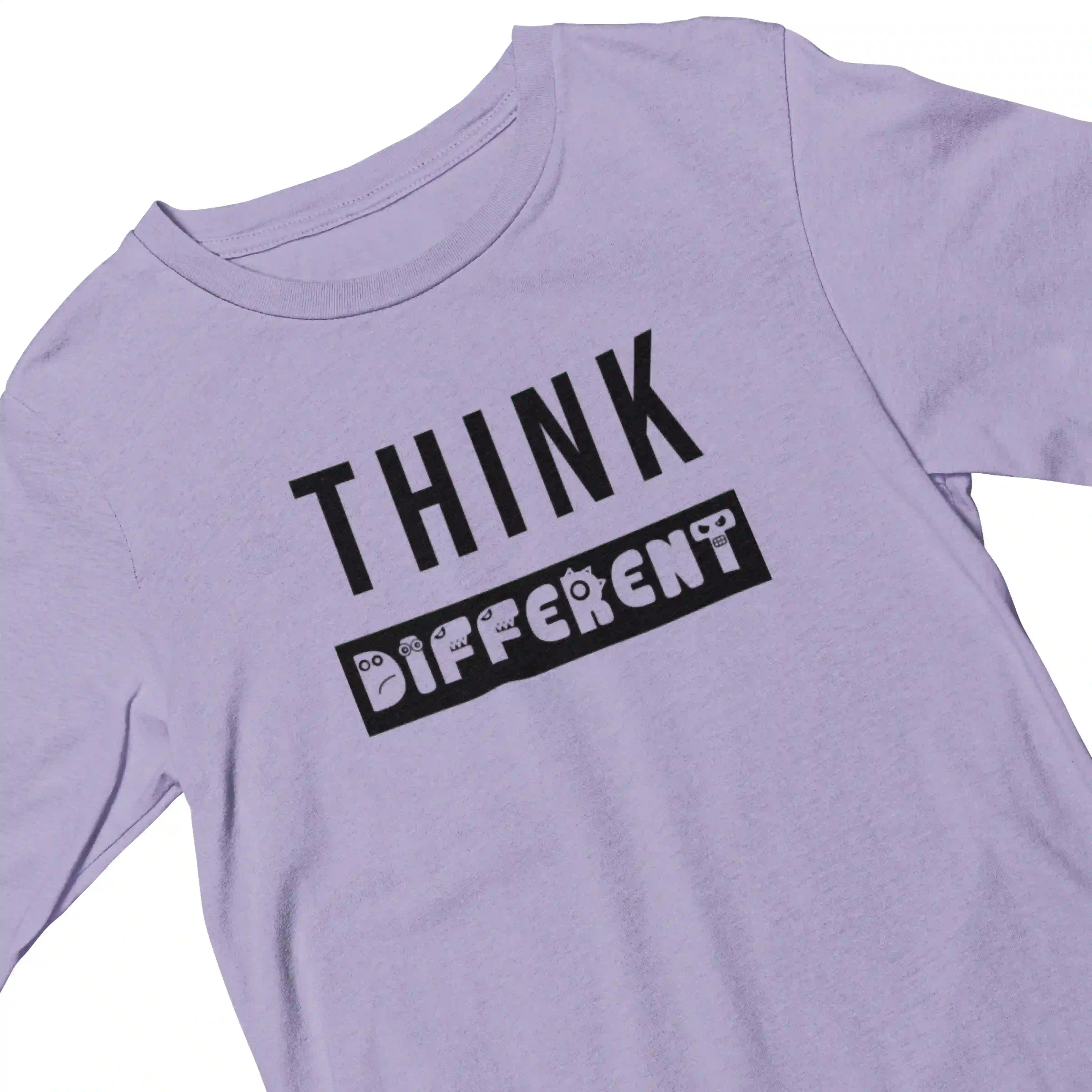 Light purple t-shirt with 'THINK DIFFERENT' text on a white background