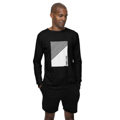 Man wearing a black long-sleeve shirt with a white graphic design on a white background