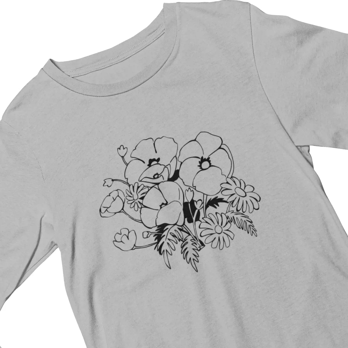 Gray t-shirt with black floral design on a white background