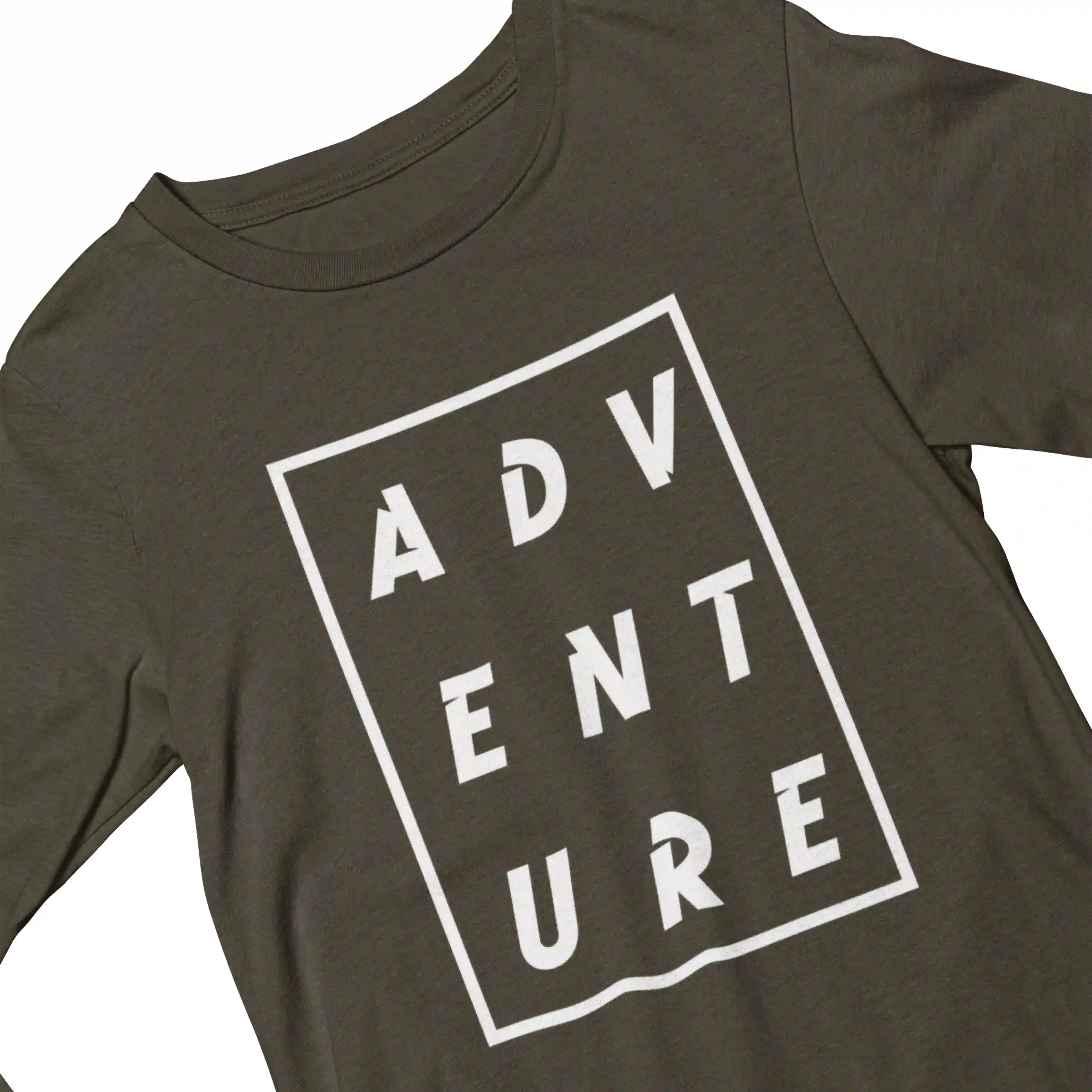 Brown t-shirt with 'ADVENTURE' printed in white on a white background