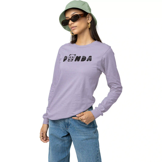 Person wearing a purple long-sleeve shirt with text, blue jeans, and a green bucket hat on a white background