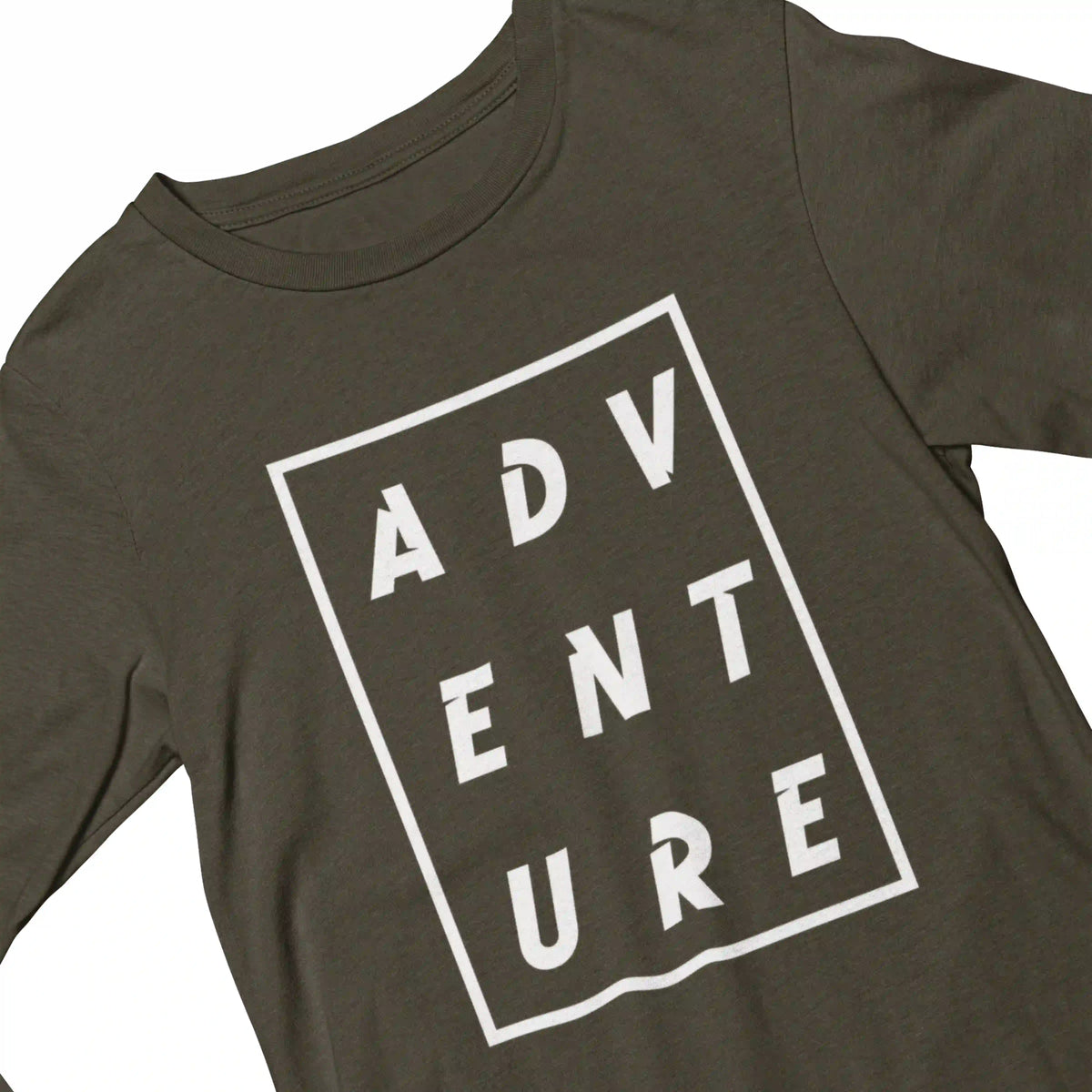 Brown t-shirt with 'ADVENTURE' printed in white on a white background