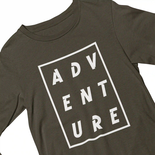 Brown t-shirt with 'ADVENTURE' printed in white on a white background