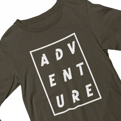 Brown t-shirt with 'ADVENTURE' printed in white on a white background
