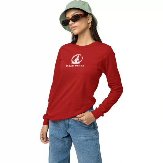 Person wearing a red long-sleeve shirt with 'Inner Peace' design on a white background