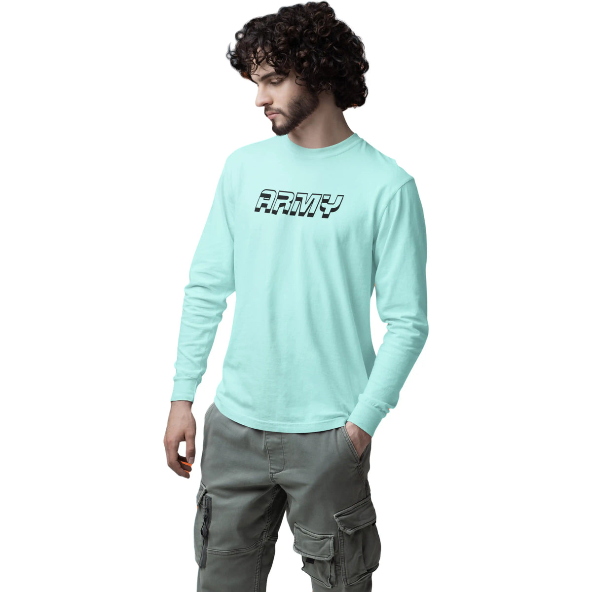 Man wearing a light blue sweatshirt with 'ARMY' text on a white background