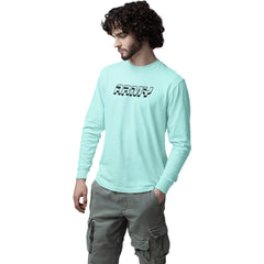 Man wearing a light blue sweatshirt with 'ARMY' text on a white background