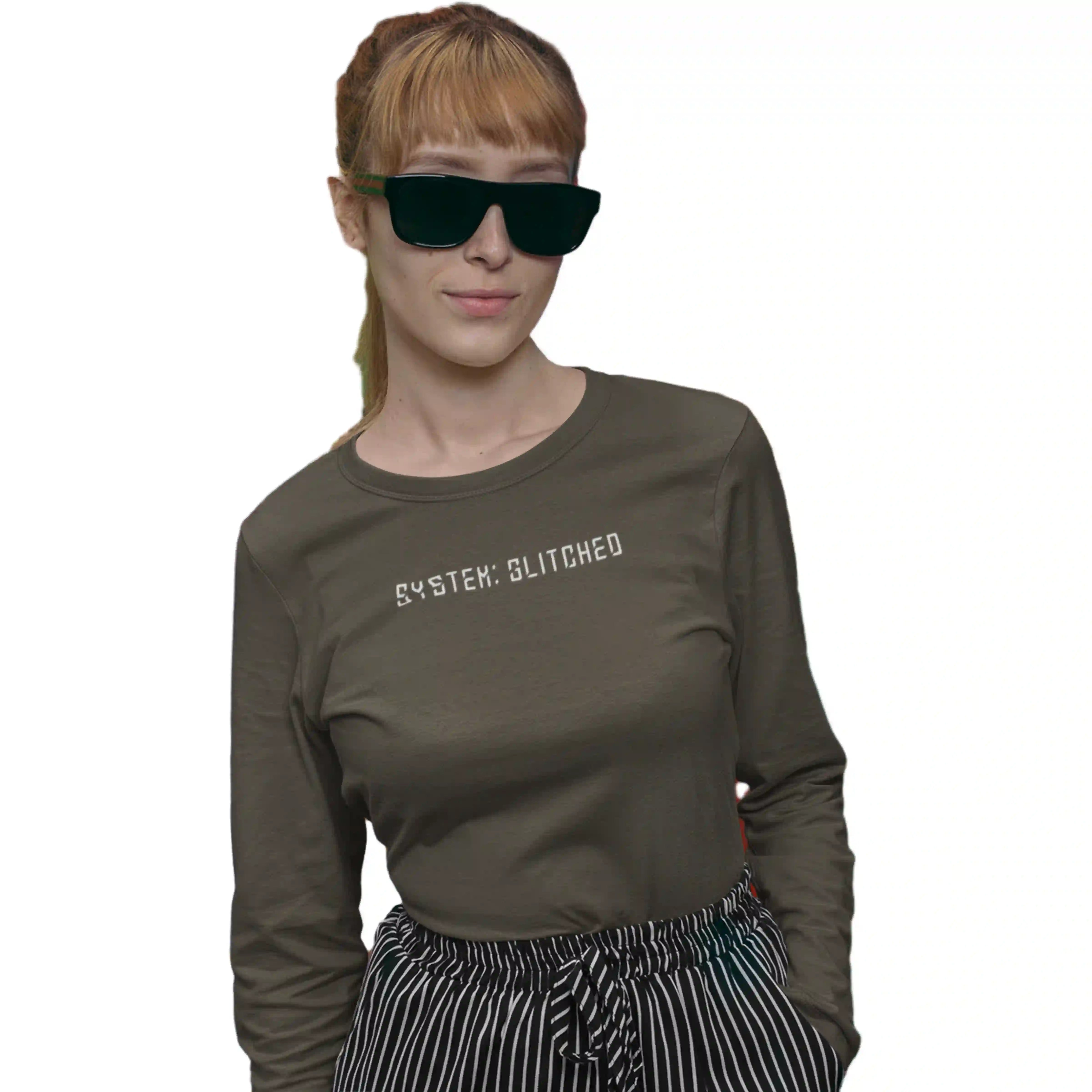Person wearing a green long-sleeve shirt with text and sunglasses on a white background
