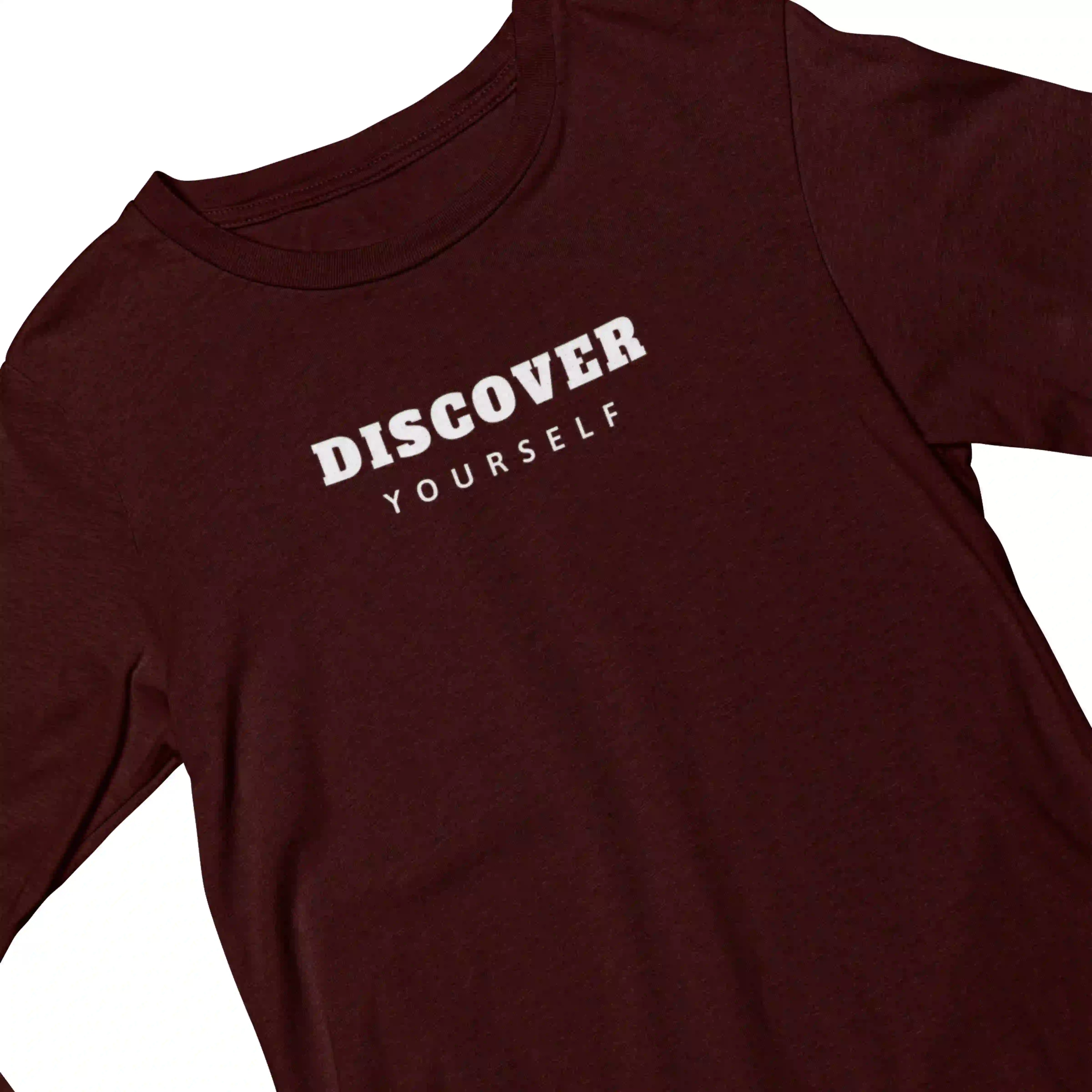 Maroon t-shirt with 'DISCOVER YOURSELF' text on a white background