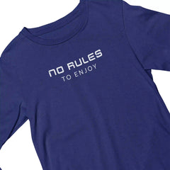 Blue t-shirt with 'NO RULES TO ENJOY' text on a white background