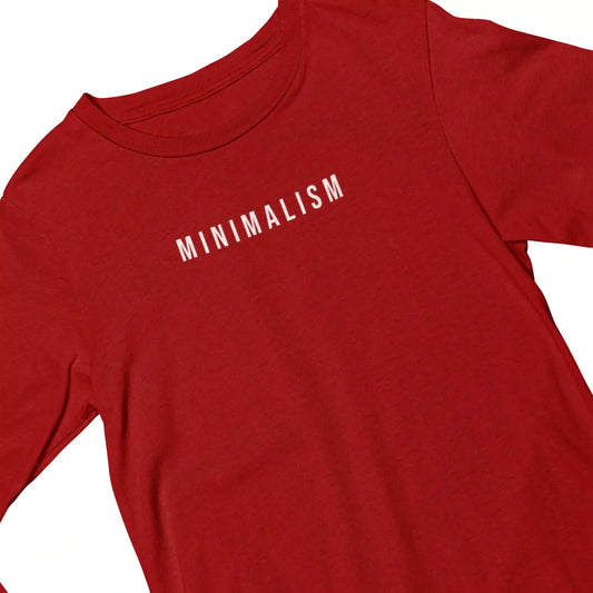 Red t-shirt with 'MINIMALISM' text on a white background