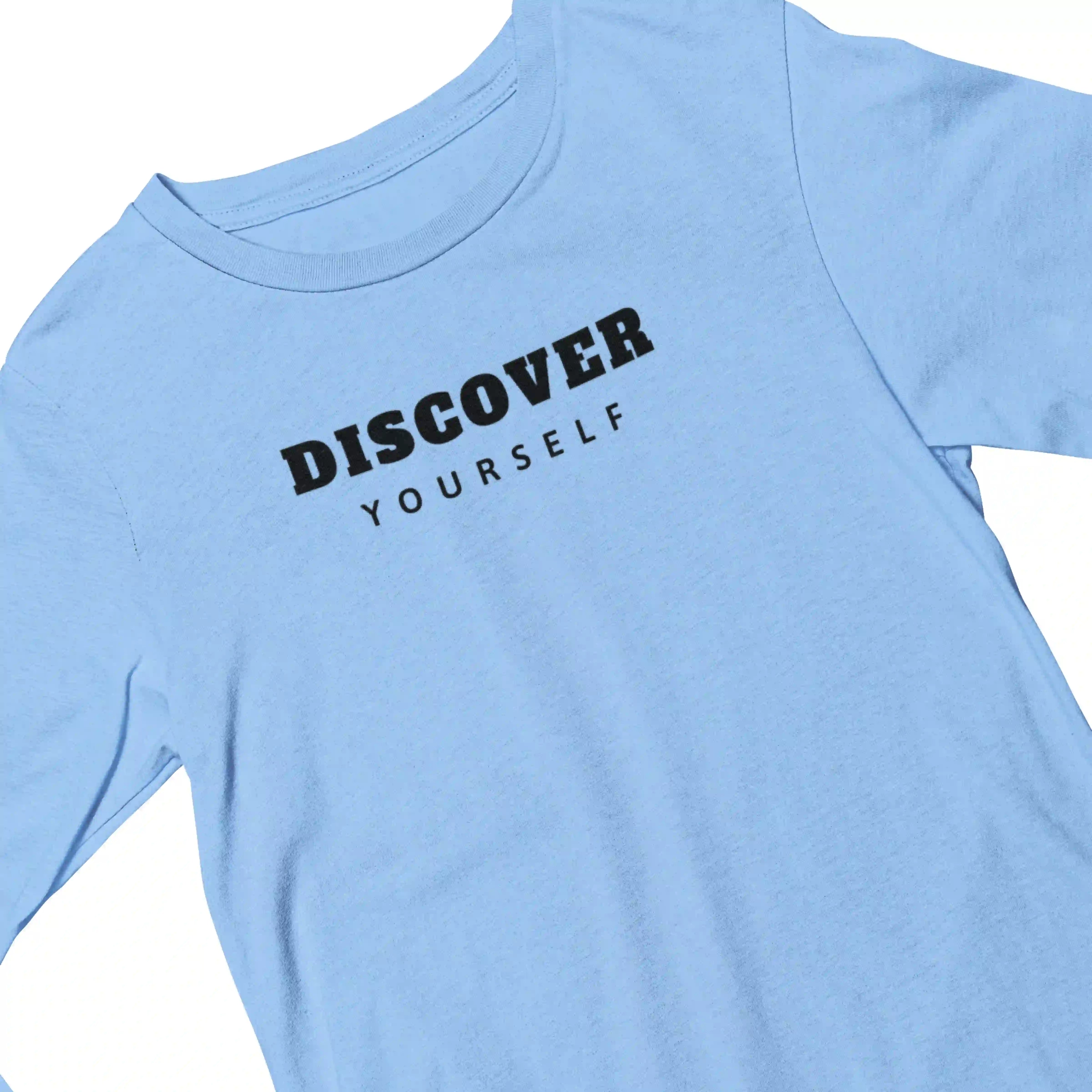 Light blue t-shirt with 'DISCOVER YOURSELF' text on a white background