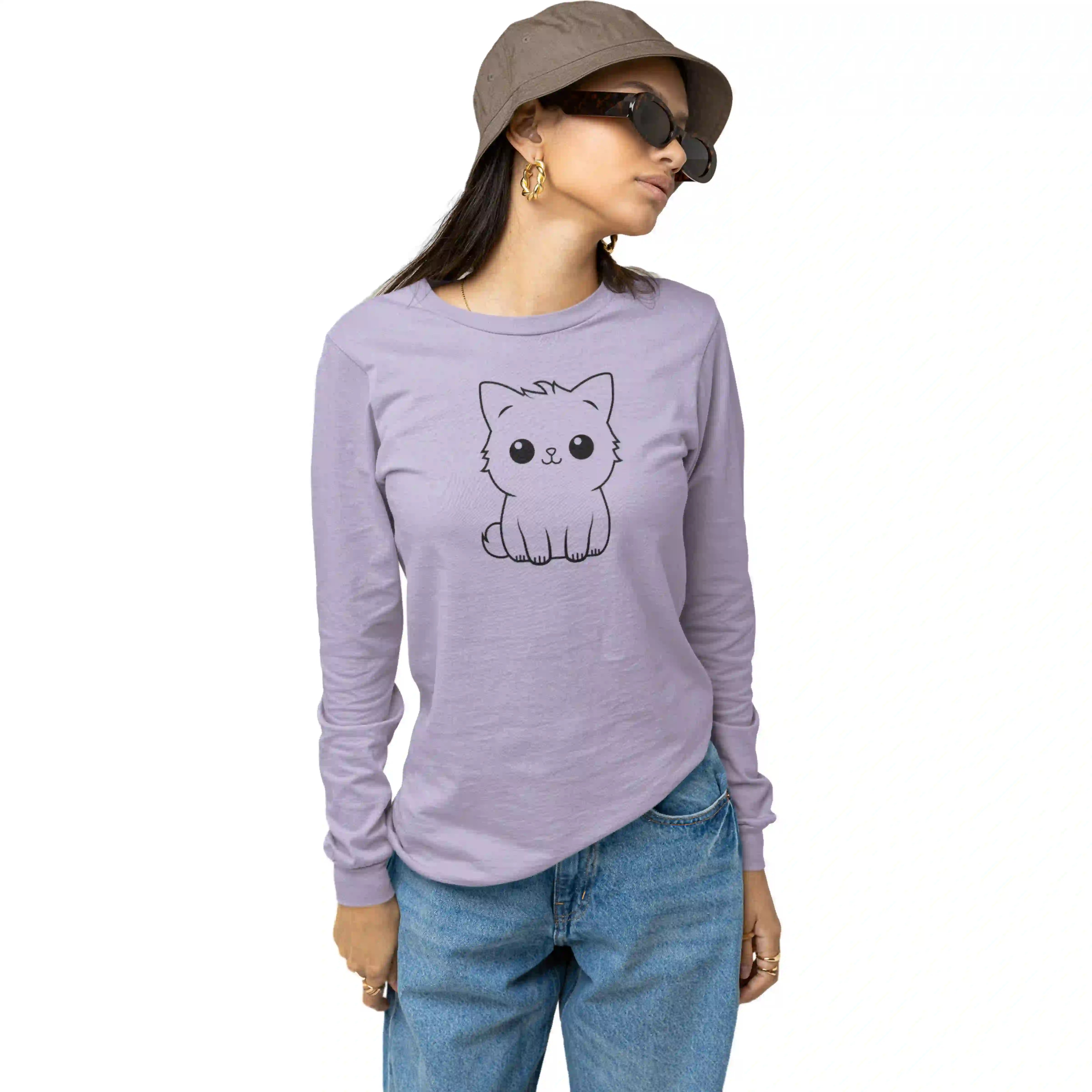 Woman wearing a purple long-sleeve shirt with a cat graphic, blue jeans, and a brown hat on a white background
