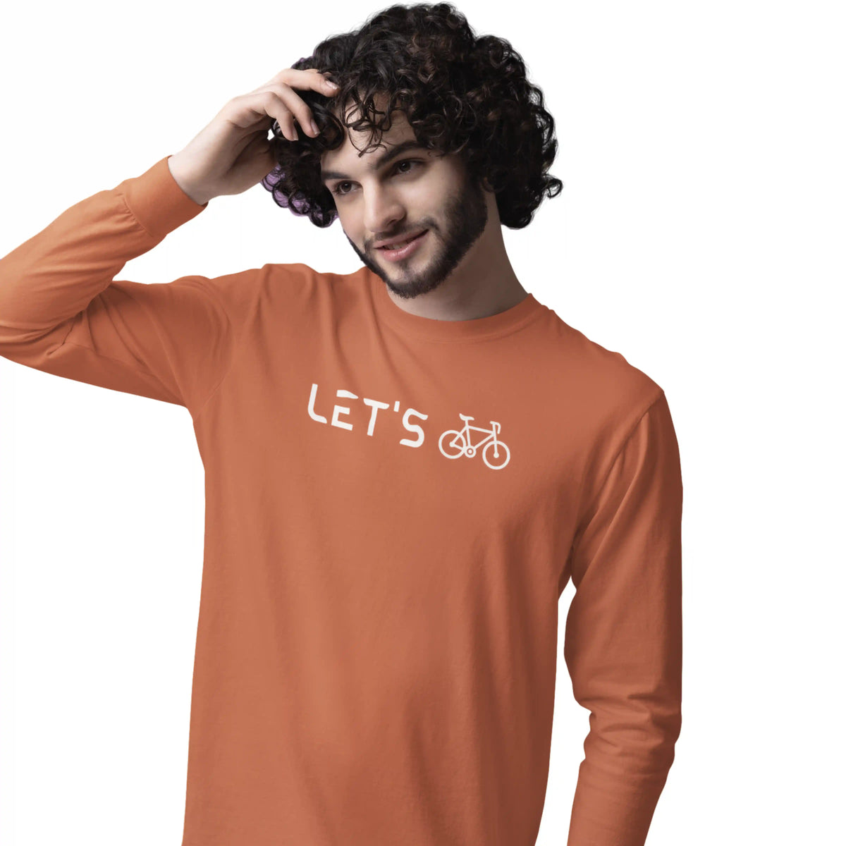 Man wearing an orange long-sleeve shirt with 'LET'S' and a bicycle graphic on a white background