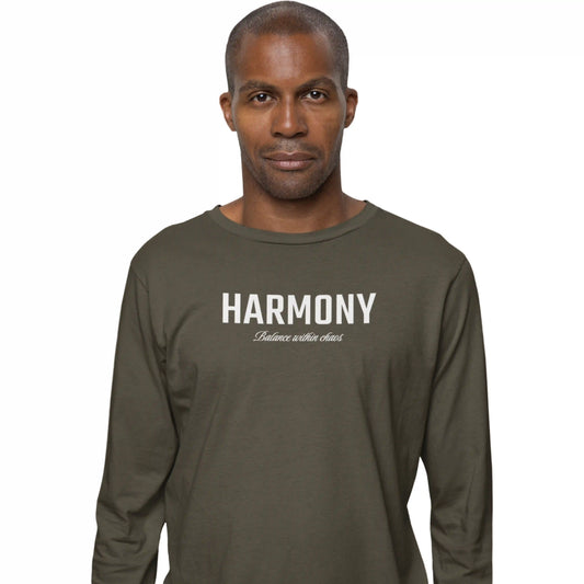 Man wearing a green long-sleeve shirt with 'HARMONY' printed on it against a white background