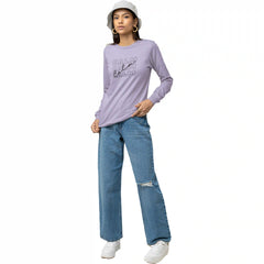 Person wearing a light purple long-sleeve shirt and blue jeans on a white background