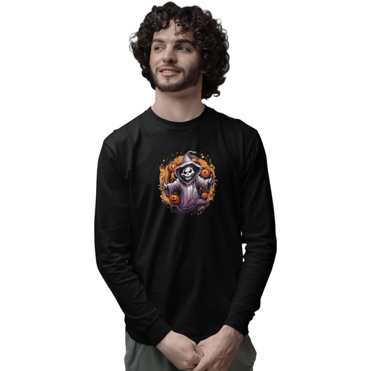 Man wearing a black long-sleeve shirt with a graphic design on a white background