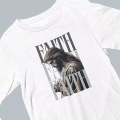 White t-shirt with a graphic design of a person and text on a gray background