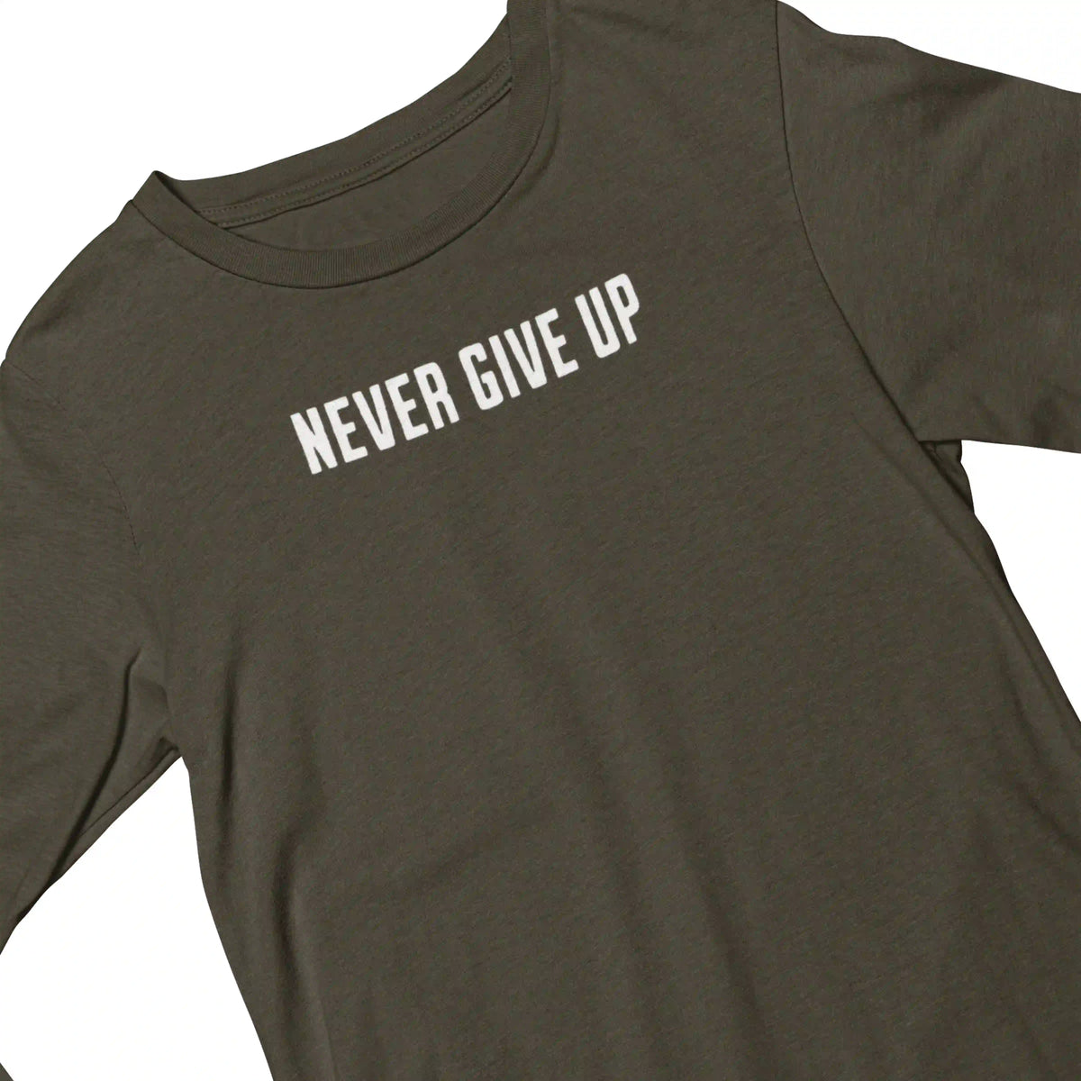 Brown t-shirt with 'NEVER GIVE UP' text on a white background