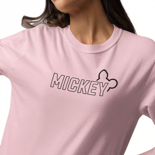Pink t-shirt with 'MICKEY' print on a white background