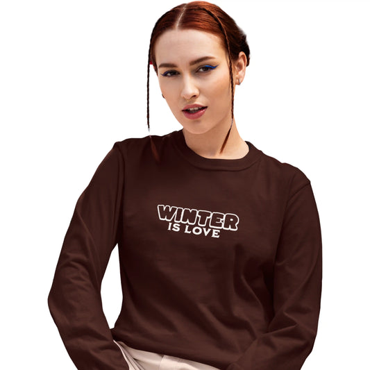 Person wearing a brown sweatshirt with 'Winter is Love' text on a white background