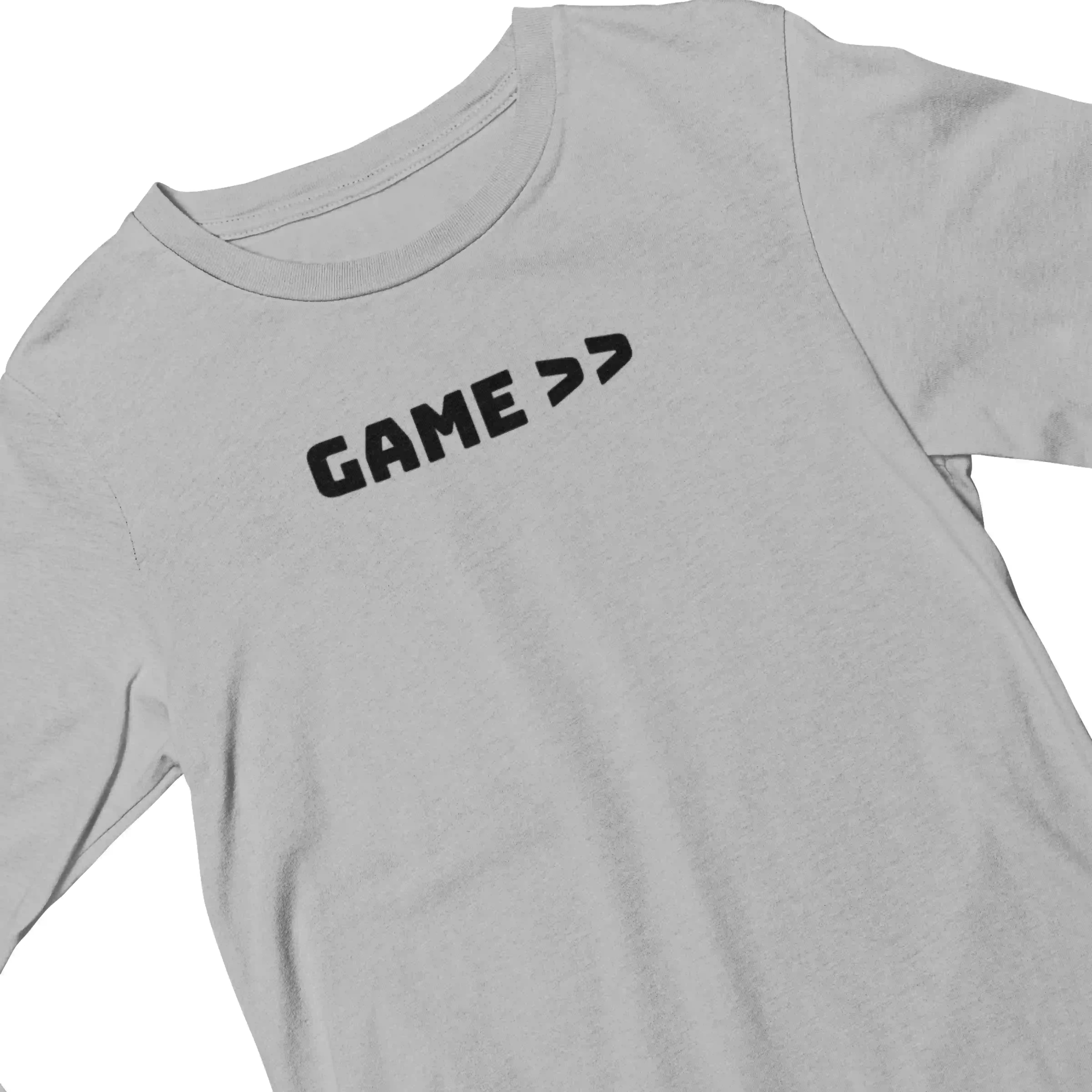 Gray t-shirt with 'GAME' text on a white background