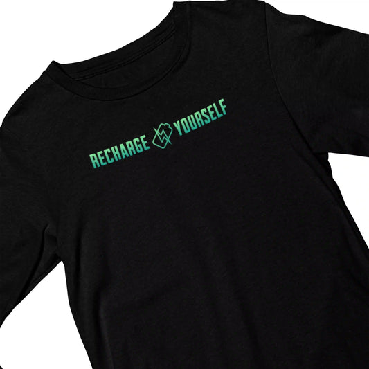 Black t-shirt with green text 'RECHARGE YOURSELF' on a white background