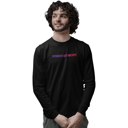 Man wearing a black long-sleeve shirt with 'Introvert But Awesome' text on a white background