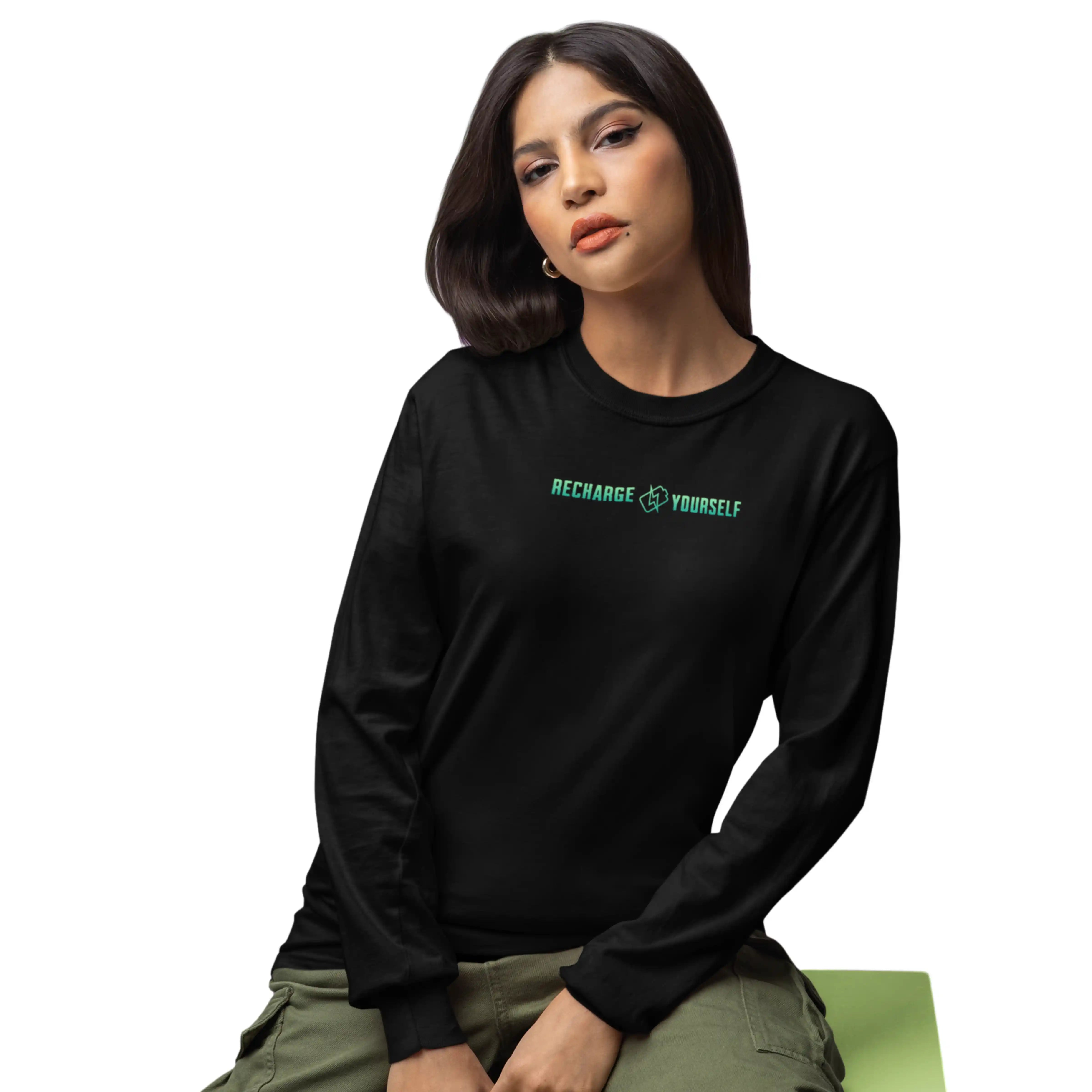 Woman wearing a black long-sleeve shirt with 'RECHARGE YOURSELF' text on a white background