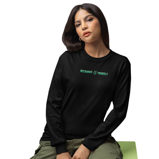 Woman wearing a black long-sleeve shirt with 'RECHARGE YOURSELF' text on a white background