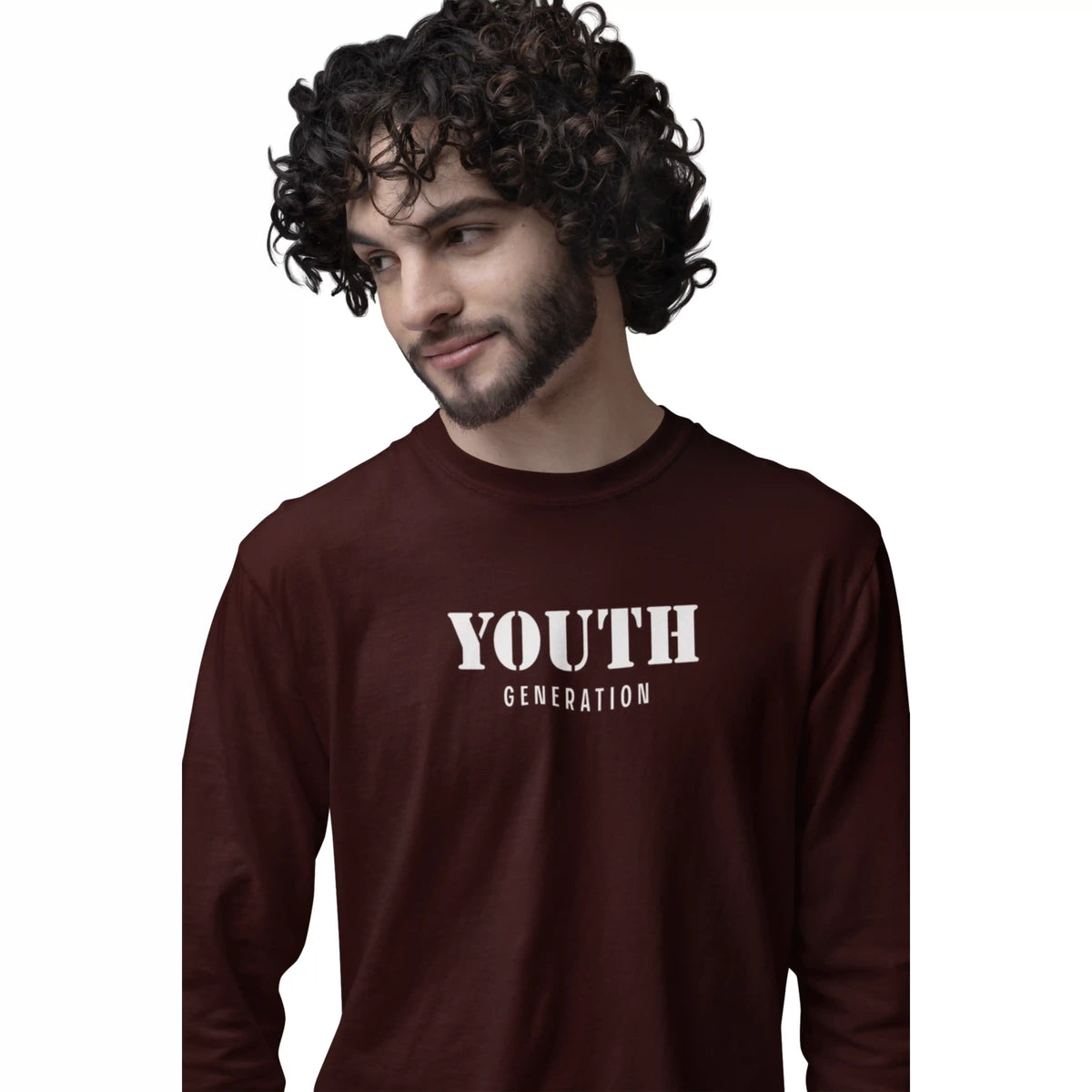 Man wearing a maroon long-sleeve shirt with 'YOUTH GENERATION' text on a white background