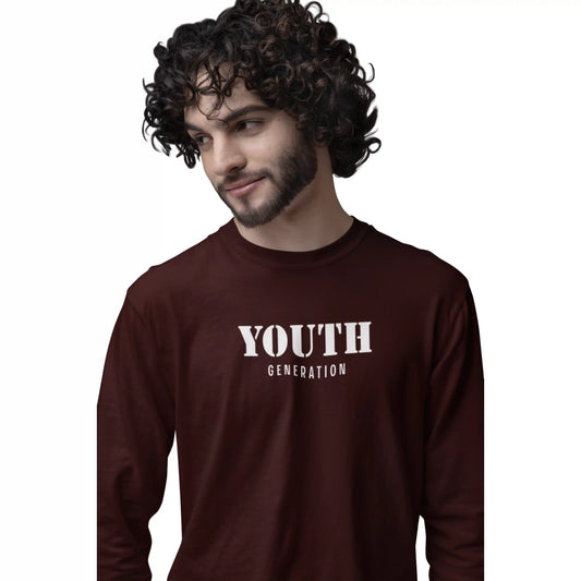Man wearing a maroon long-sleeve shirt with 'YOUTH GENERATION' text on a white background