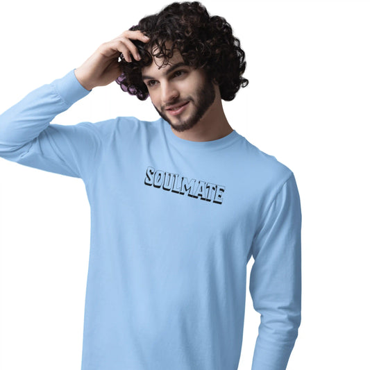 Man wearing a light blue long-sleeve shirt with 'SOUlmate' text on a white background