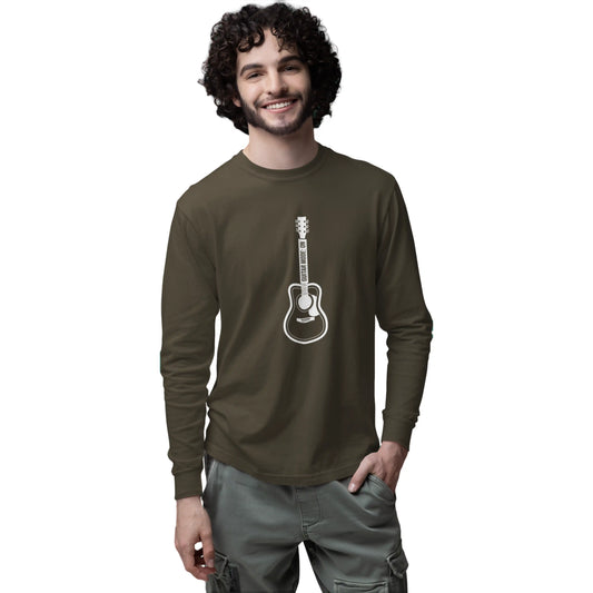 Man wearing a brown long-sleeve shirt with a guitar graphic on a white background