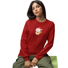 Woman wearing a red long-sleeve shirt with a cartoon character on a white background