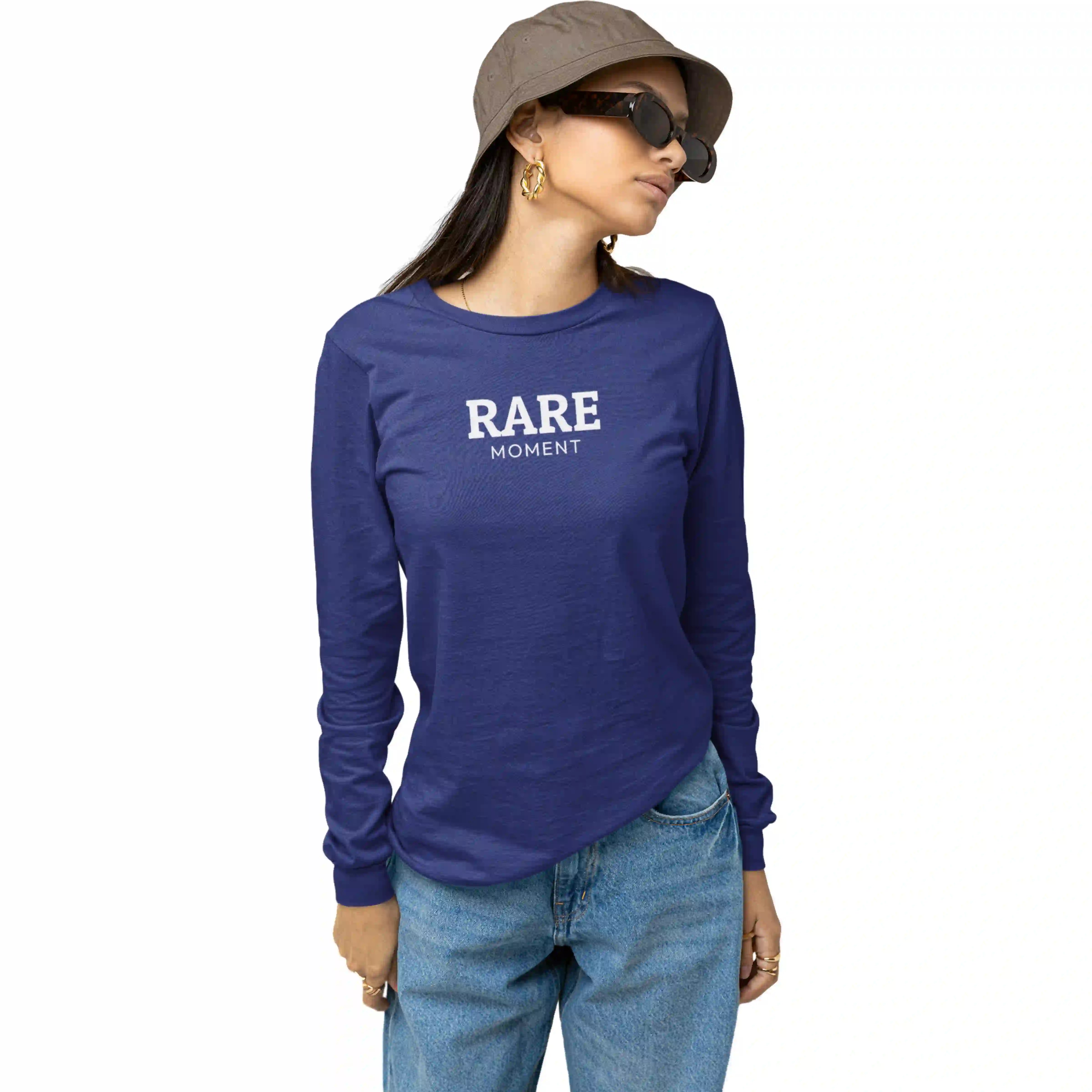 Person wearing a blue long-sleeve shirt with 'RARE MOMENT' text on a white background