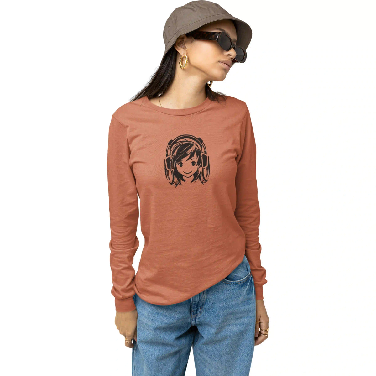 Woman wearing a long-sleeve shirt with a graphic design on a white background