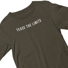 Brown t-shirt with 'Tease the Limits' text on a white background