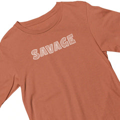 Brown t-shirt with 'SAVAGE' text on a white background
