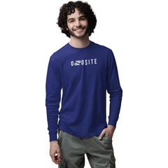 Man wearing a blue long-sleeve shirt with a brand logo on a white background