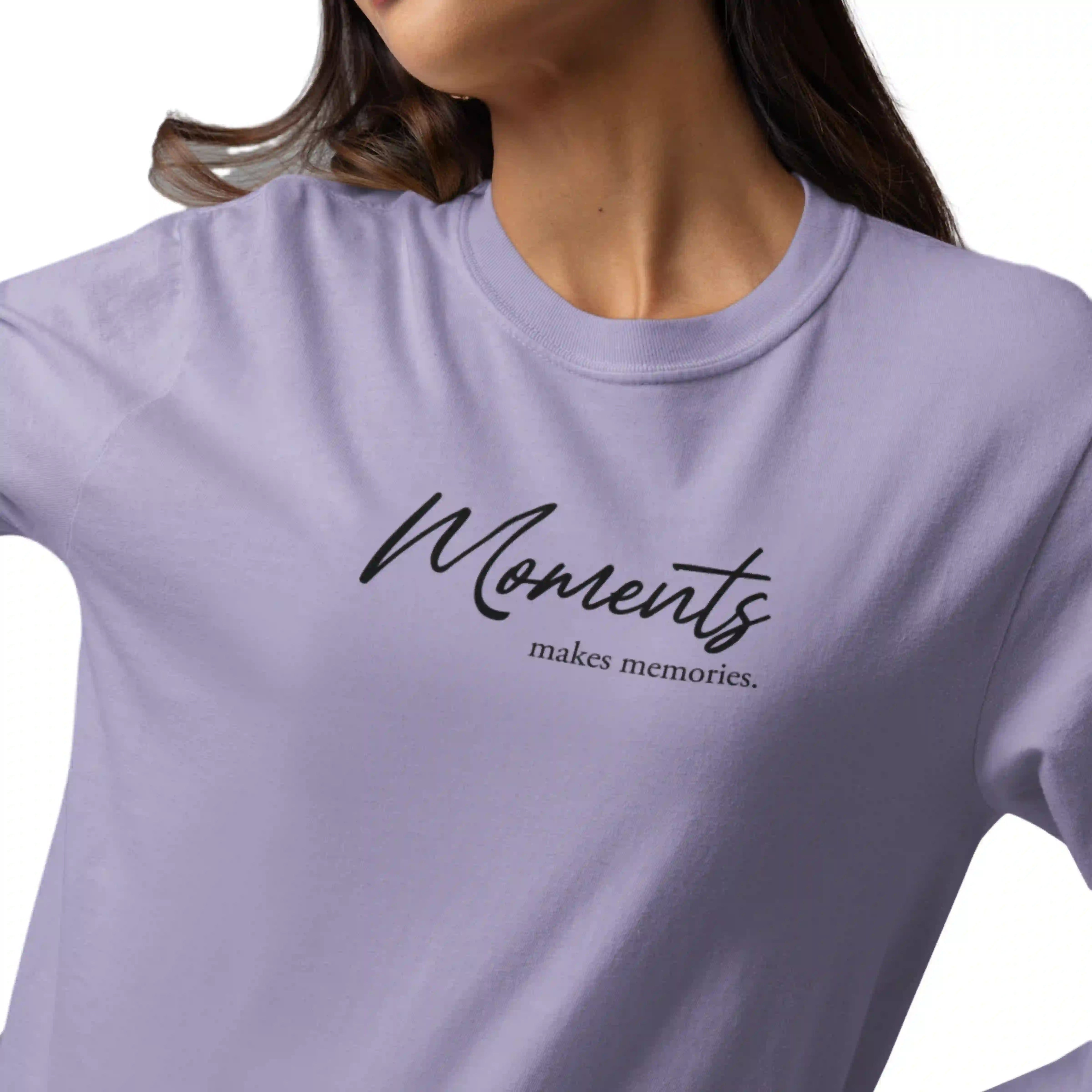 Purple t-shirt with 'Moments makes memories' text on a white background