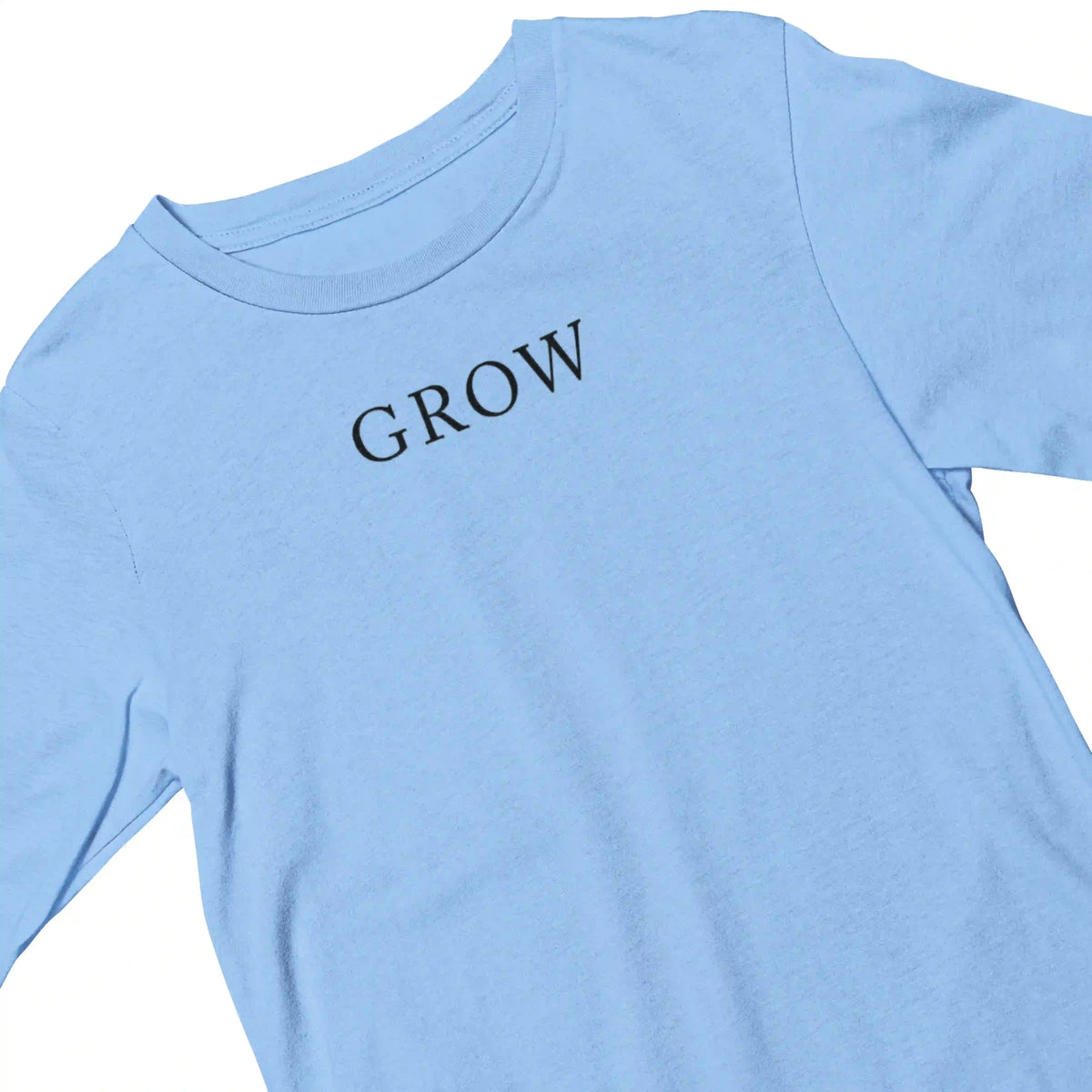 Light blue t-shirt with 'GROW' text on a white background