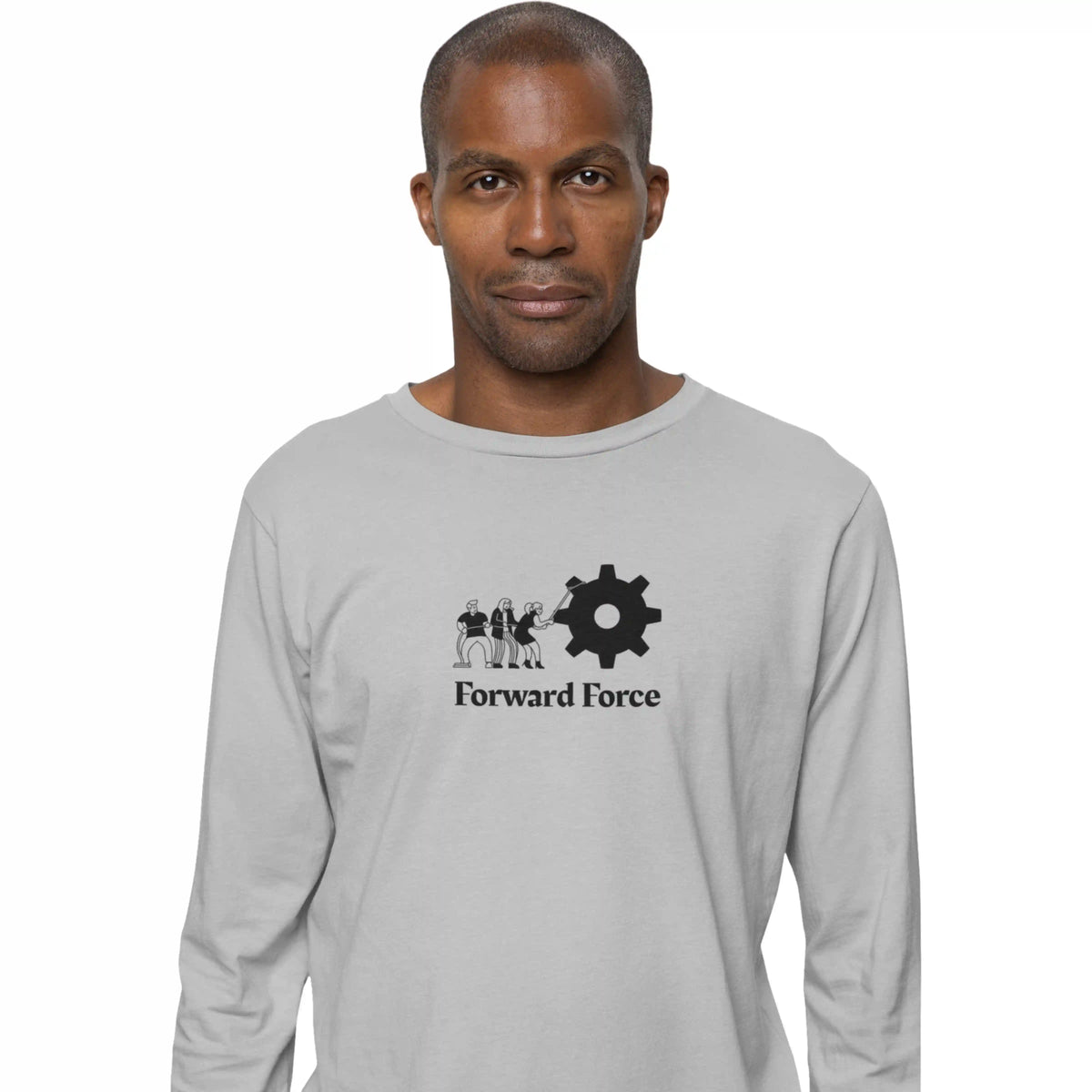 Man wearing a gray long-sleeve shirt with 'Forward Force' logo on a white background