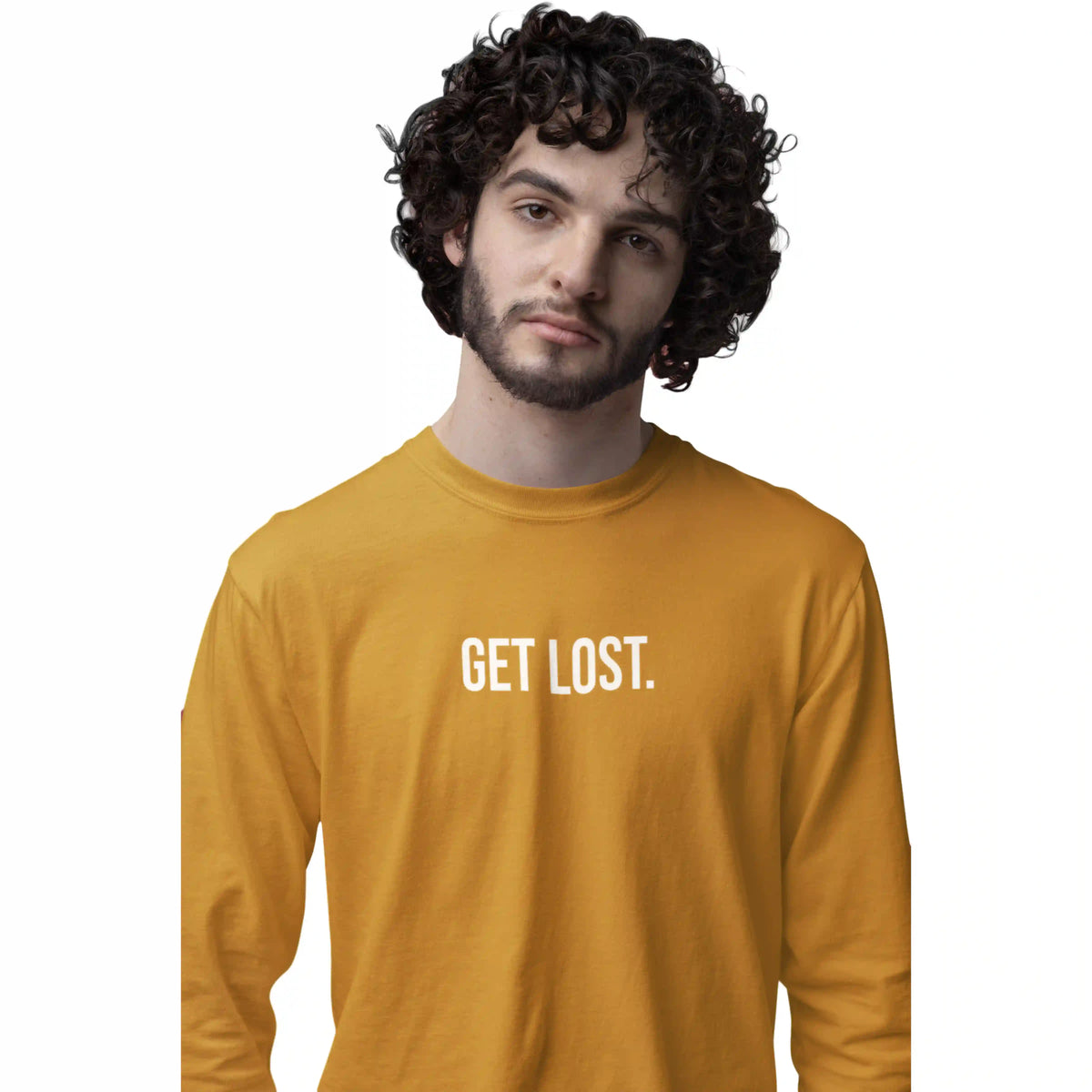 Man wearing a mustard yellow long-sleeve shirt with 'STAY SOCIAL' text on a white background
