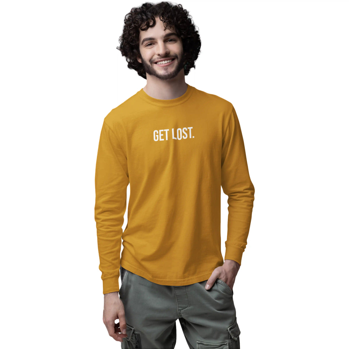 Man wearing a mustard yellow long-sleeve shirt with 'GET LOST.' text on a white background