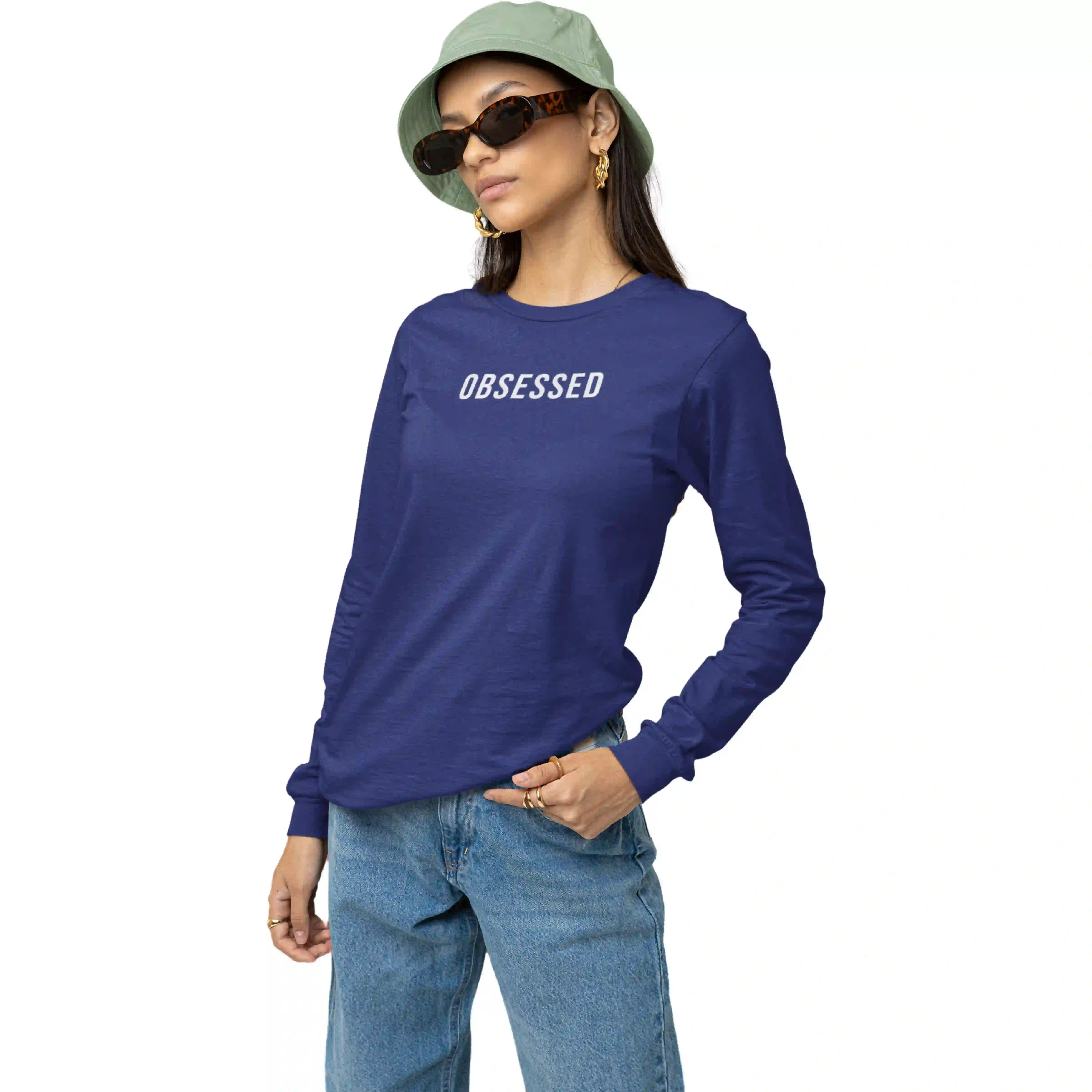 Person wearing a blue long-sleeve shirt with 'OBSESSED' text on a white background