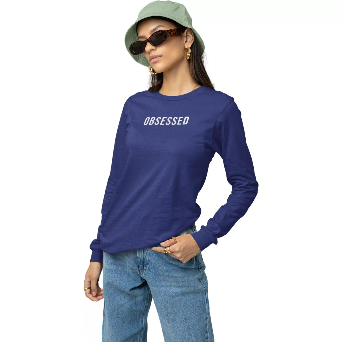 Person wearing a blue long-sleeve shirt with 'OBSESSED' text on a white background