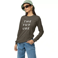 Person wearing a long-sleeve shirt with 'THE FUTURE' text on a white background