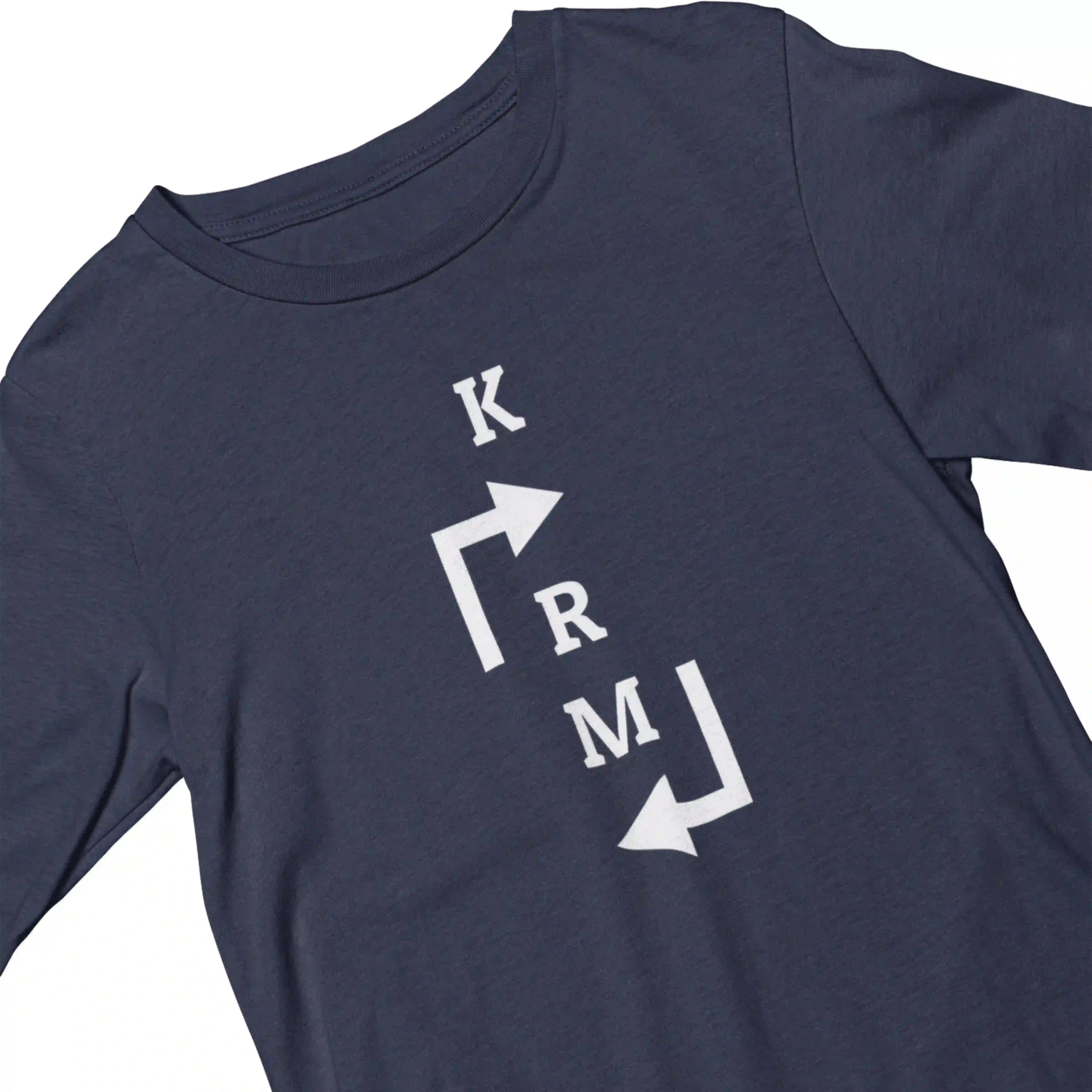 Navy blue t-shirt with white graphic design on a white background